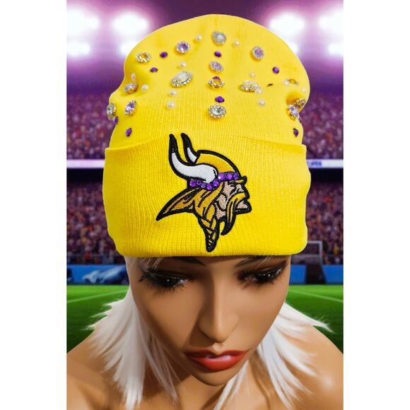 Minnesota Vikings Yellow & Purple Beanie design with Rhinestones, Viking Logo - Picture 4 of 5